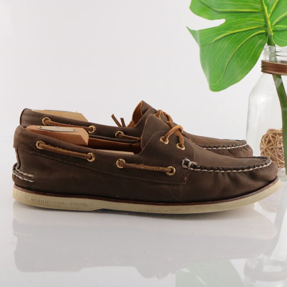 Sperry Gold Cup Boat Shoe Moc Loafer Slip On Brown Gold Plate Eyelet Men 10.5 - Picture 4 of 13